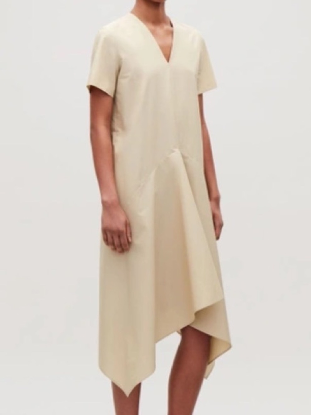 COS tan V neck swing dress-pockets-made in Turkey- Size 8